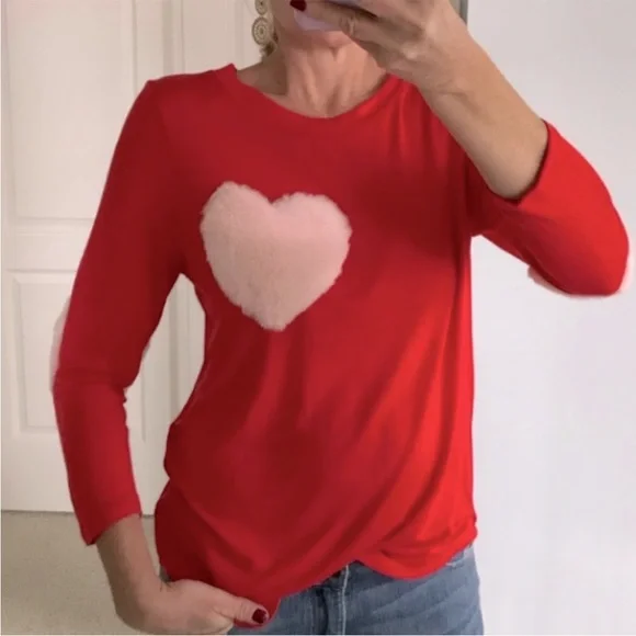 Red, Fuzzy Heart Long Sleeve Top - Picture 3 of 6